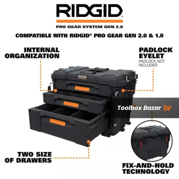 RIDGID Portable Tool Boxes 3 Drawers for Storage